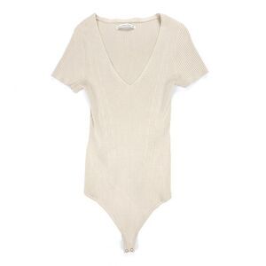 NEW Abercrombie Ribbed Knit Short Sleeve V Neck Bodysuit Womens Medium Beige
